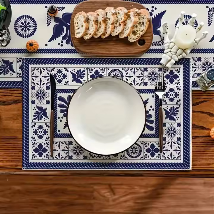 4 piezas de mantel individual con estampado de porcelana azul y blanca, fiesta de cumpleaños de Navidad, decoración del hogar, decoración de la cocina - 1