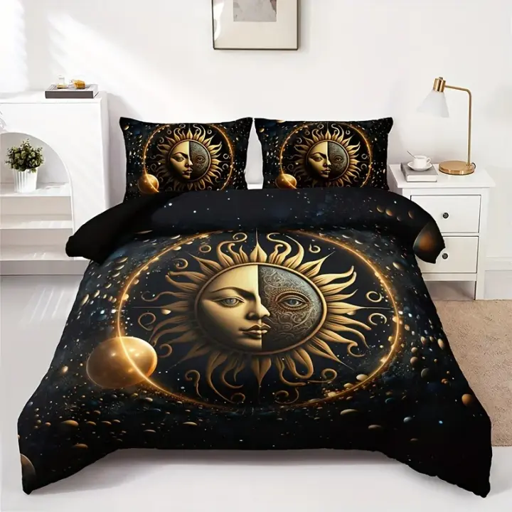Juego de funda nórdica con diseño de luna, estrellas, sol celestial y estampado dorado para decoración del hogar - 1