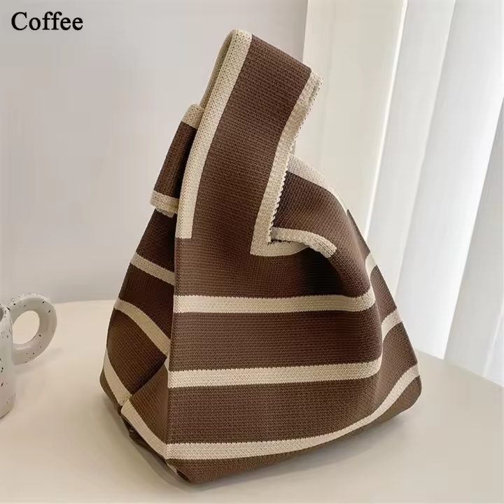 Bolso de mano de punto a rayas anchas para mujer, bolso de mano a cuadros, informal, hecho a mano, reutilizable, para compras, estudiantes - 1