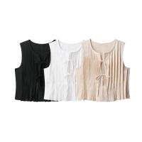 PB&ZA2025 verano nuevo top de mujer con cuello redondo sin mangas plisado con lazo casual versátil suelto simple. - details 1