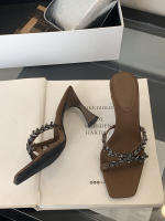 Pasarela tacones altos sandalias abiertas de satén con diamantes de imitación de lujo moda cabeza cuadrada zapatos de mujer versátiles - details 4