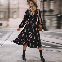 Vestidos de manga larga con estampado de plumas, cuello en V, moda primavera y otoño, nuevo vestido dividido de corte A para mujer - details 3