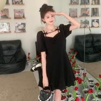 Vestido negro adelgazante con manga acampanada, vestido corto ceñido con un hombro y cintura, para ir al trabajo, temporada de verano, manga corta, Color puro - details 6