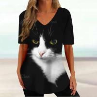 Camiseta Gráfica de Gato Kawaii Manga Corta, Estampado Haruku, Cuello en V, Ropa Suelta para Mujeres - details 11