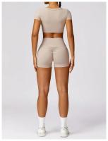 Conjunto de mallas de yoga, top, conjunto deportivo Fiess de manga corta, material de nailon para mujer, patrón sólido adaptable para primavera/verano - details 14