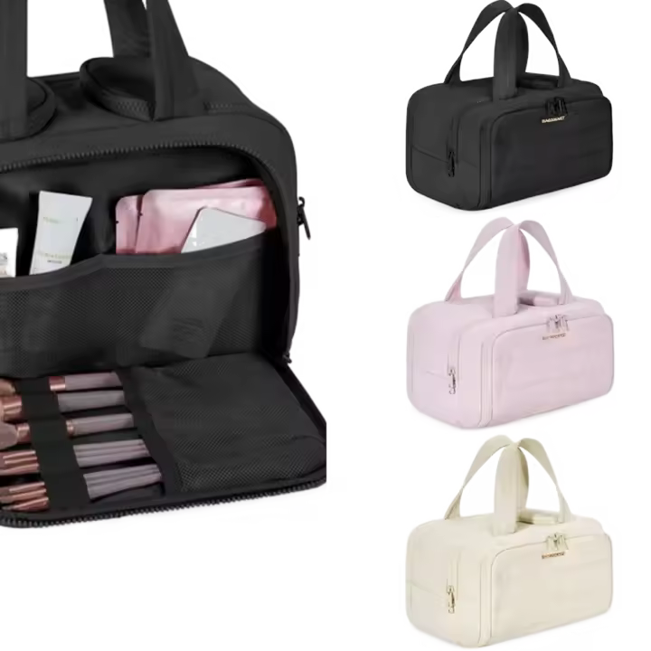 Neceser de viaje de gran capacidad, organizador de maquillaje ligero y abierto, estuche de almacenamiento de viaje portátil con doble cremallera para acampar - 1