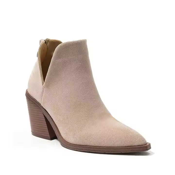 Tacón grueso puntiagudo de estilo occidental con tacones de madera duraderos y botines de mujer. - 1