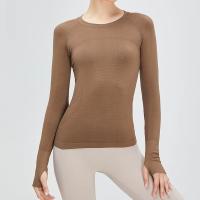 Camiseta deportiva de manga larga para mujer, tejido elástico, transpirable, Color sólido, cuello redondo, Yoga, Top deportivo sin costuras - details 2