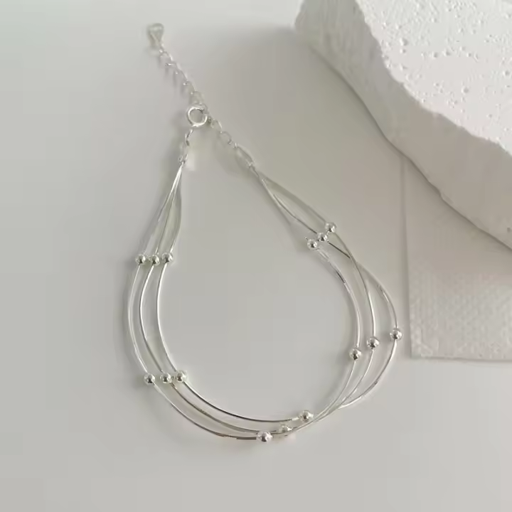 Saiyna Korean S Pure Pulsera de cuentas espaciadoras de hueso de serpiente de tres capas para mujer, joyería simple en capas, accesorios de plata - 1