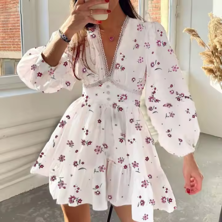 Ropa de mujer europea y americana nuevo temperamento dulce impresión con cuello en v cintura de encaje vestido corto - 1