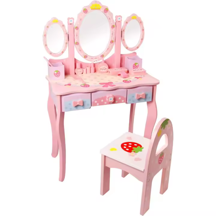 tocador de maquillaje para niña, tocador de madera para niña, tocador infantil, tocador para niña con espejo y taburete - 1