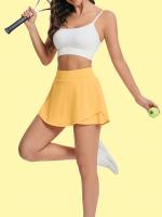 Falda de Yoga y Tenis de Cintura Alta para Mujer con Pantalones Cortos Incorporados, Dobladillo con Volantes y Bolsillos Laterales - Ropa Deportiva Elástica para Gimnasio, Entrenamiento y Uso Diario - Amarilla - details 6