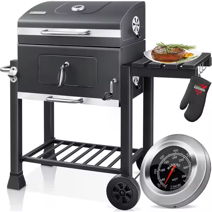 Parrilla de Carbón Grande con Carrito Asador BBQ de Acero Inoxidable con Termómetro - 1