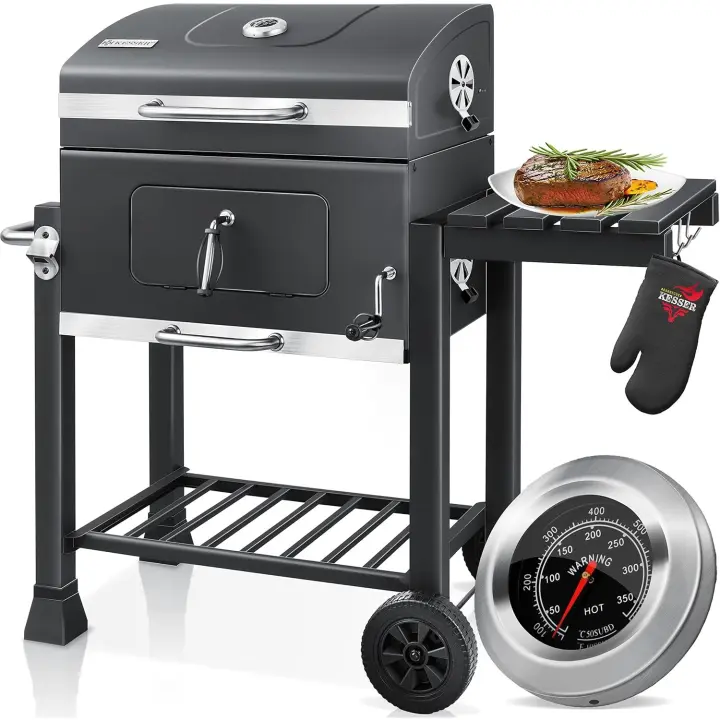 Parrilla de Carbón Grande con Carrito Asador BBQ de Acero Inoxidable con Termómetro - 1