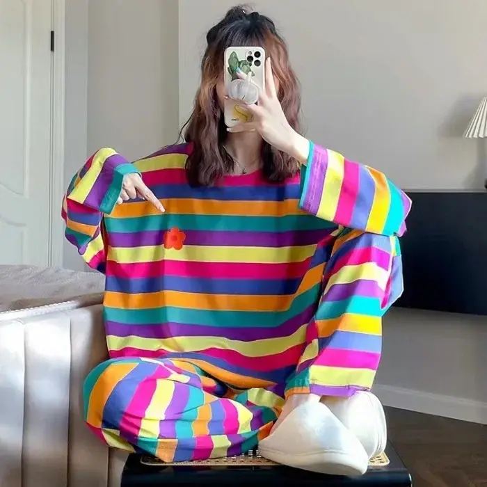 Conjunto de Pijama de Manga Larga Coreana Talla Grande Moda de Dormir para Mujeres - 1