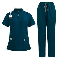 Nueva enfermera mujer pantalón corto Casual ropa de manga Top farmacia trabajo médico Hospital médico uniforme para enfermería cuello alto cremallera - details 6