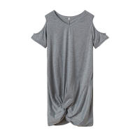 Vestido de manga corta para mujer, camiseta retorcida con hombros descubiertos, Color sólido, verano europeo y americano, primavera y verano - details 12