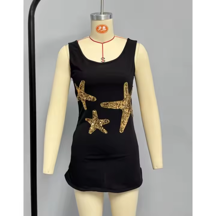 BUNO-Minivestido con volantes y lentejuelas de estrella de mar brillantes para mujer, vestidos elegantes ajustados con cuello cuadrado y tirantes, ropa de calle alta para primavera 2025 - 1