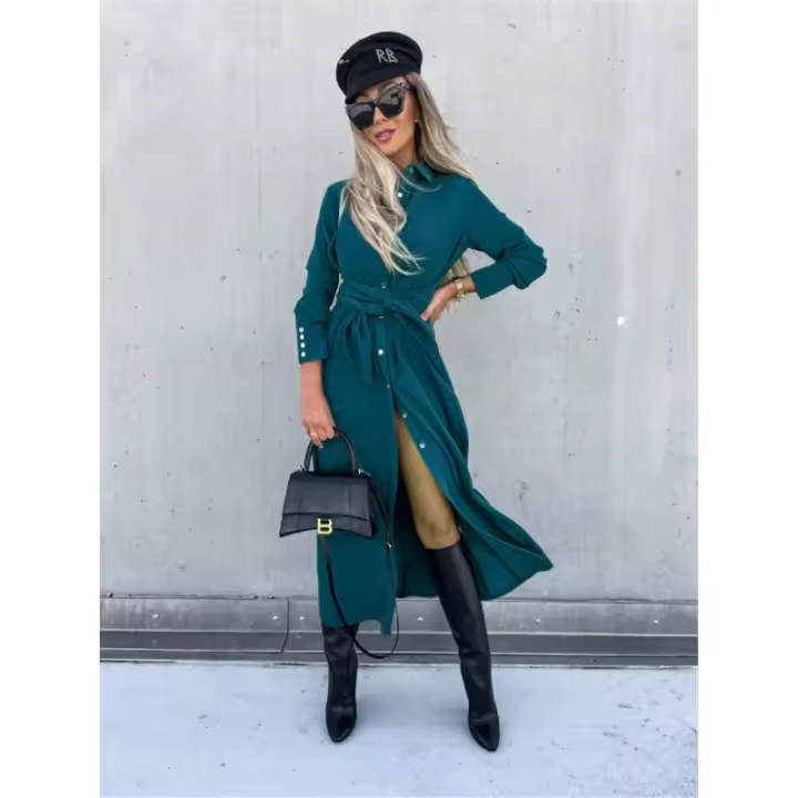 Falda larga de manga larga para mujer, vestido de Swing grande, Color sólido, ropa de otoño e invierno, 2024 - 1
