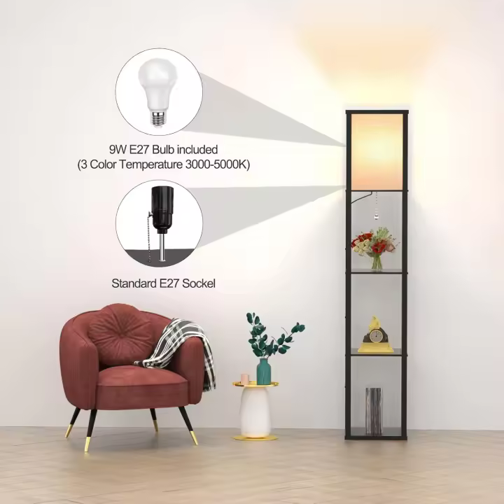 Lámpara de Pie Madera con Estante, Lámpara de piso de Tres Temperaturas de color con 3000K-5000K Bombillas E27, Lámpara de piso 1.6M, Decoraciones Interiores Adecuado Para el Salón y el Dormitorio - 1
