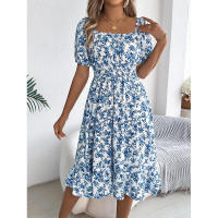 Primavera Verano 2025 Europeo y Americano Floral Cuello Cuadrado Manga Corta Cintura con Volantes Falda Línea A - details 23