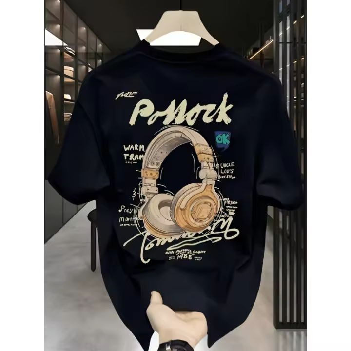 Camiseta Gráfica Oversize de Algodón Pesado Estilo Callejero Americano Casual con Arte de Auriculares y Borde Asimétrico Unisex Top para Todas las Temporadas - 1