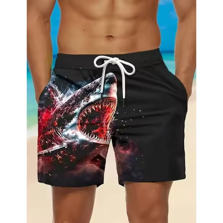 Traje de baño hawaiano con estampado de tiburón 3D, pantalones cortos deportivos de secado rápido para hombre, moda casual de playa. - 1