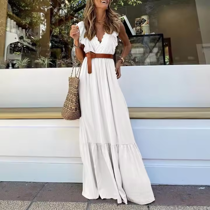 Ence vestido de mujer plisado sin mangas, ropa con cuello en V, verano - 1