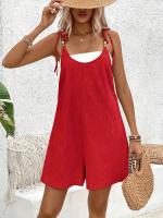 Mono informal sin mangas para mujer: mezcla ligera, color beige sólido con correas ajustables y detalles de botones, atuendo versátil para todas las estaciones para atuendo informal, ropa informal de verano |   Mono sin mangas |   Mono ligero - details 4