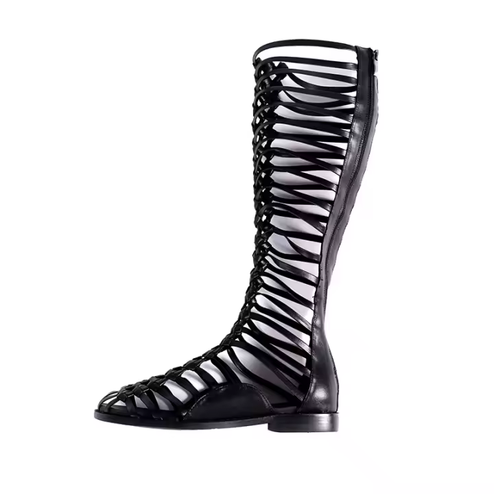 Nuevo verano botas romanas de malla de cuero alto para mujer, fondo plano ahuecado, cremallera trasera, botas geniales, sandalias largas tejidas - 1