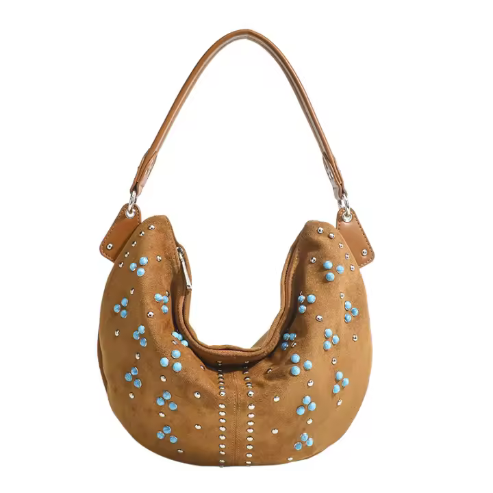 Bolso retro de mujer con remaches mate, bolso de mensajero portátil media luna, bolso de hombro, bolso de mano de gamuza. - 1