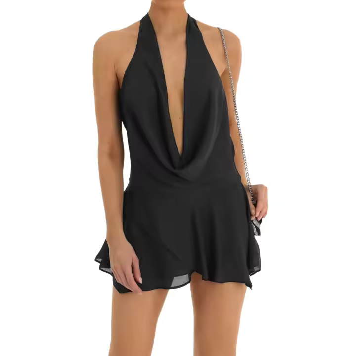 2024 nueva moda mujer otoño tirantes cortos color sólido sin mangas espalda descubierta vestido con cuello colgante - 1