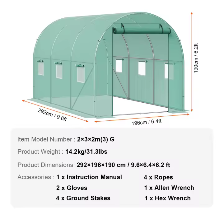 SucceBuy Invernadero de túnel con entrada, túnel de invernadero con casa de aro, casa caliente para plantas con marco de acero galvanizado, cubierta de PE verde, puerta enrollable con cremallera y 6 ventanas para exteriores - 1