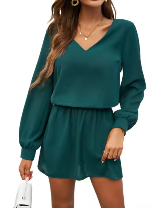 Vestido de manga larga para mujer, traje informal holgado de una pieza, Color sólido, estilo Kpop, Vintage, novedad - 1