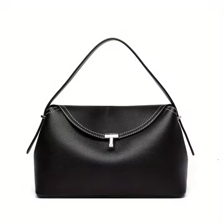 Bolso de Mano de Textura de Lychee Gran Capacidad, Cierre de Cremallera, Correa Ajustable, Diseño Minimalista Moderno, Detalles de Borde de Aceite - 1
