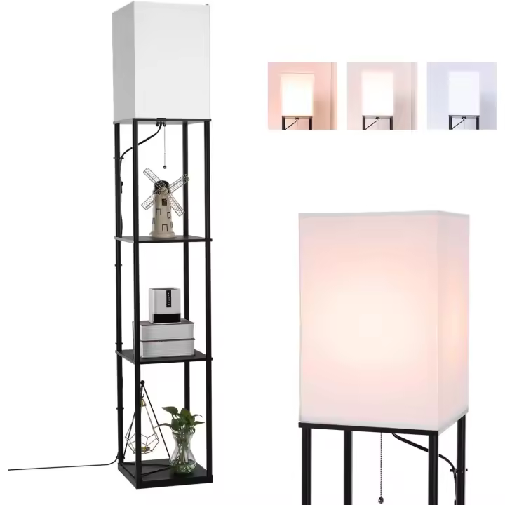 Lámpara de pie moderna con estante de madera, 3 temperaturas de color regulables, lámpara LED de pie para salón, dormitorio, oficina y otras habitaciones, bombilla de 9 W incluida (negro) - 1