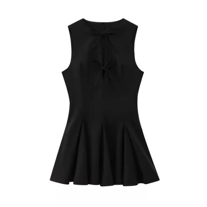 BUNO-Vestidos de fiesta de noche elegantes de primavera para mujer, dobladillo ancho ondulado, lazo decorado, liso, sin mangas, cuello redondo, vestidos de moda - 1