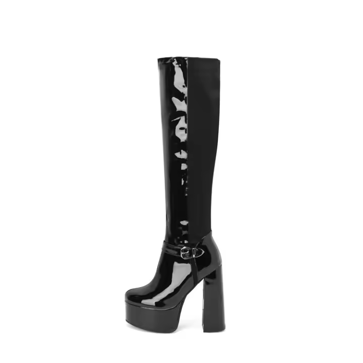 Botas Altas hasta la Rodilla con Estilo Patchwork de Cuero de Laca Tacón Grueso, Side Ziper, Punta Redonda, Mujer Otoño-Invierno 2025 - 1