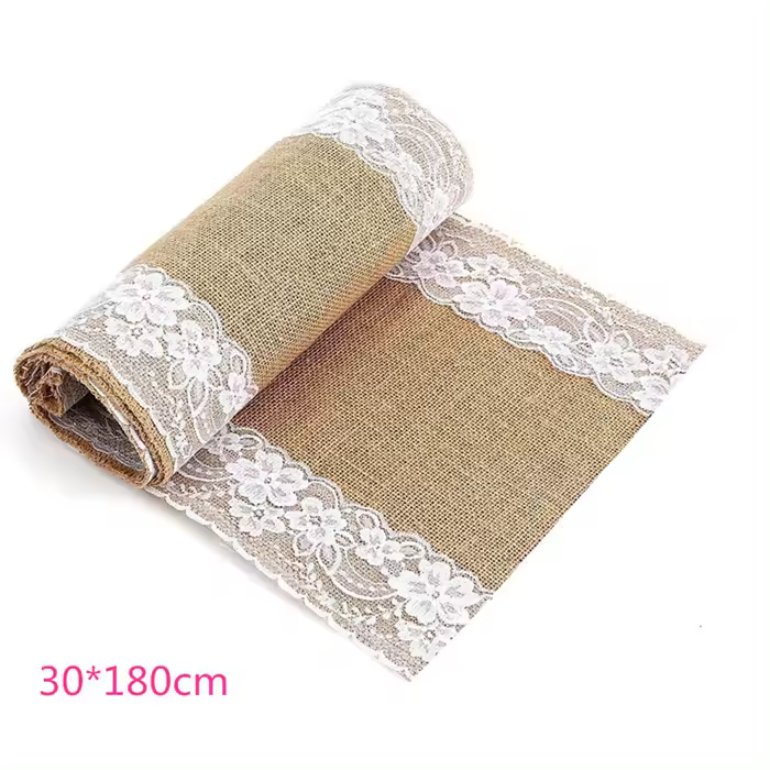 Mantel de Mesa de Encaje Natural de Juta Ideal para Bodas Tamaño 275x30cm y 180x30cm - 1