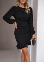 Vestido de manga mullida con temperamento femenino, ropa de otoño e invierno, nuevo, color sólido - details 0