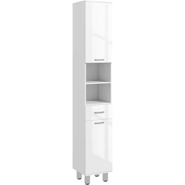 Mueble auxiliar de baño moderno, armario de baño con 1 cajón, 3 estantes ajustables y 2 armarios, mueble auxiliar de almacenamiento para salón dormitorio, 30x30x180 cm, blanco brillante. - 1