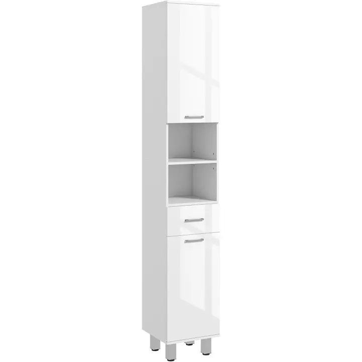 Mueble auxiliar de baño moderno, armario de baño con 1 cajón, 3 estantes ajustables y 2 armarios, mueble auxiliar de almacenamiento para salón dormitorio, 30x30x180 cm, blanco brillante. - 1