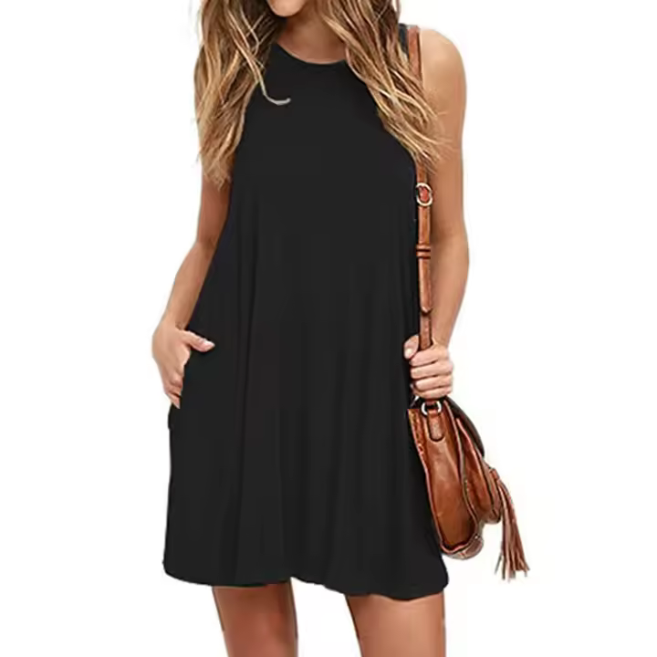 Vestido informal de verano para mujer, ropa playera, plisada, lisa, con bolsillos - 1