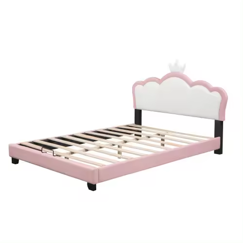 Marco de Cama para Niños 140*200cm con Base de Almohadilla y Espalda, Forma de Corona Rosa - 1