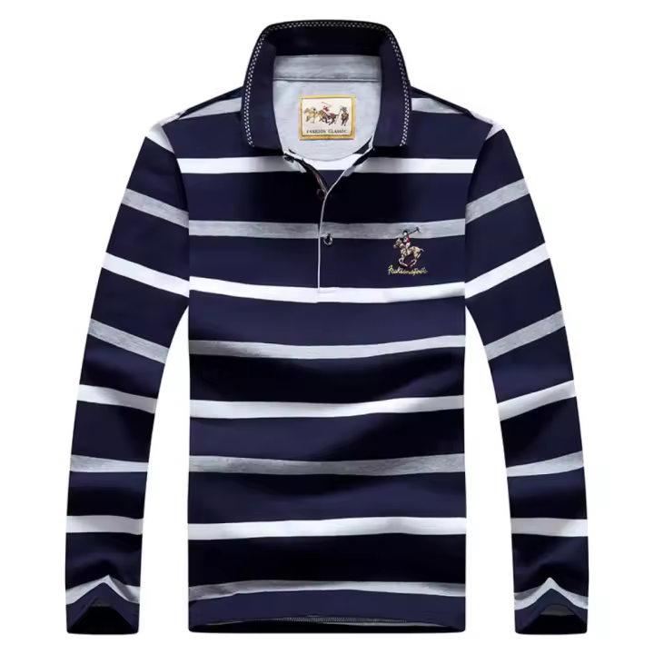 Polo de manga larga para hombre, Camiseta de algodón con bordado a rayas, informal, a la moda, novedad de primavera, 2024 - 1