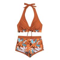 Bikini abierto con estampado de hojas retro en talla grande, conjunto de traje de baño de dos piezas con correas estables para mujer - details 106
