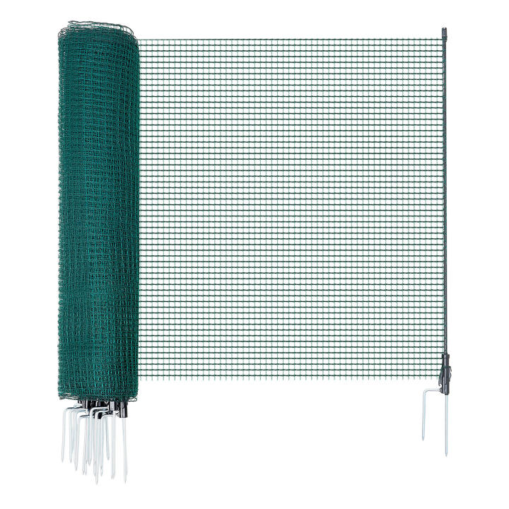 SucceBuy Valla Temporal con Postes, Malla de Plástico de 118.87 x 1999.49 cm, Red de Seguridad para Jardín con Estacas de Doble Punta y Cuerdas de Sujeción, Barrera Portátil para Perros, Gallinas, Plantas y Espacios Exteriores