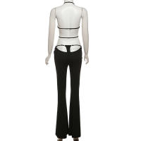 BUNO-Conjuntos de 2 piezas con tirantes huecos de gato extraño para mujer, Tops sexys lisos con cuello Halter y espalda descubierta + Pantalones acampanados con lentejuelas, trajes ajustados para fiesta - details 11
