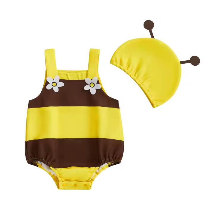 Pudcoco - Pelele de abeja para bebé niña, sin mangas, estampado floral 3D, mono con sombrero, juego de 2 piezas - 1