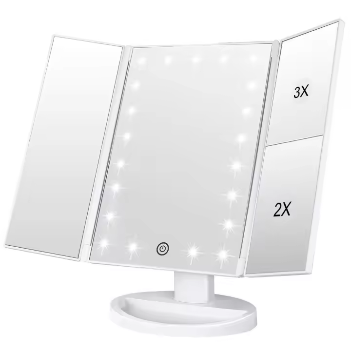 Espejo de Maquillaje de Tres Pliegues con Pantalla Táctil Ajustable y 21 luces LED, Espejo Iluminado - 1